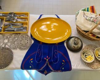 Xl open yellow Italian pottery platter, vintage flatware, set, collection of vintage aprons