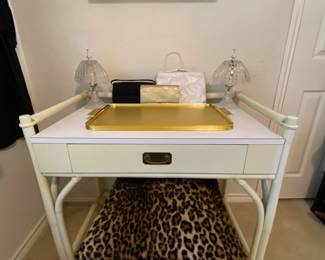 Mid-century, laminate, top, bamboo, theme, vanity, large gold tone, Vintage serving tray