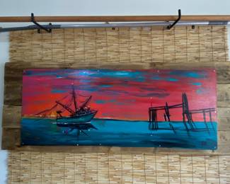 Large original acrylic on board Galveston. Has beautiful highlights that light up at night. Mounted rustic boards.