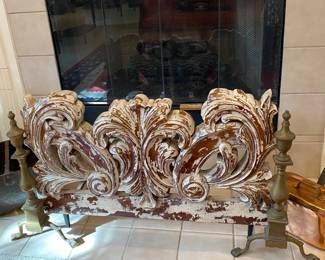 Large carved wooden wall mounting, scroll, brass, and Irons, large copper pots