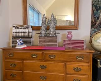 Vintage 1950s foil, Christmas trees, solid, maple, low chest with matching mirror, beautiful sad of Time Life books on famous artists
