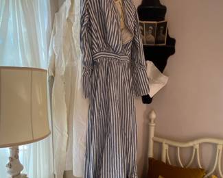 1920s blue and white striped nurses gown with apron, hat, and necktie.