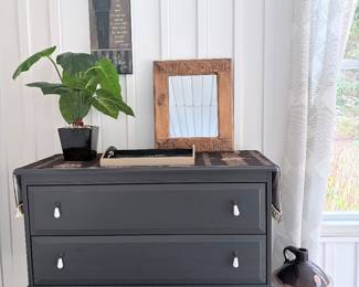 Dresser, unmarked stoneware crock, decor items