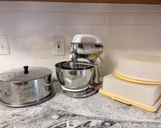 Vintage Tupperware cake holders, Carlton Ware cake holder, vintage working Hamilton Beach mixer