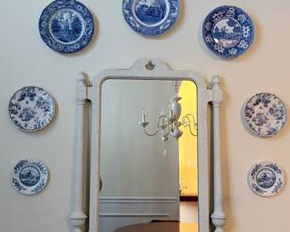 Wall mirror with blue and white plates. Johnson Bros Tulip Time, plates depicting Monticello and Independence Hall