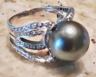 Massive Tahitian pearl and diamond ring in 18k