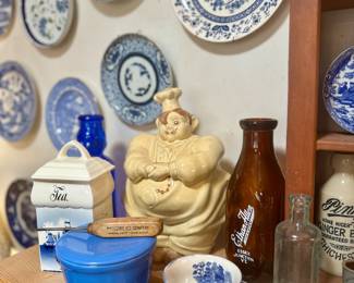 Lots of Blue Willow, and 1940's Red Wing pottery Chief Pierre cookie jar.
