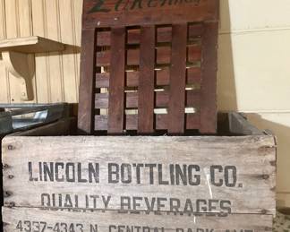 Antique Lake Nwego wood slate chair, and Lincoln Bottling crate.