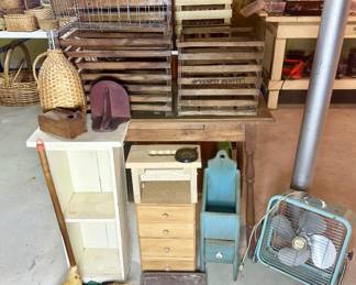 Vintage farmhouse table, shelf and wood egg crates.