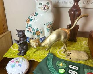Delft cat, MCM wood cat brass cat and a 1950's girl scout stash with badges.