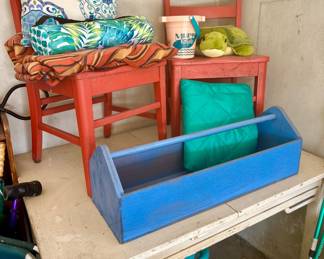 Farmhouse table and two chairs.