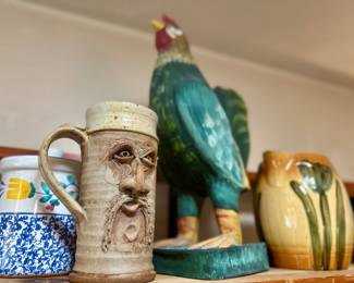 Studio pottery face mug & Roseville tulip pitcher