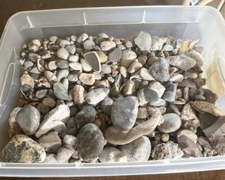 Box of collected rocks and fossils, sold by the quart bag.