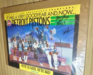 1988 Detroit Pistons Bad Boys poster with 8 signatures including Dumars, Rodman, Mahorn, Johnson, Sally