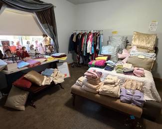 Clothing, bedding, placemats, napkins, tablecloths,  pillows, dolls, antique chairs