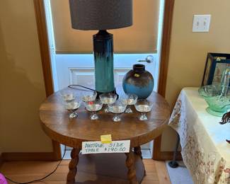Lamp and matching base, dessert cups in antique side table