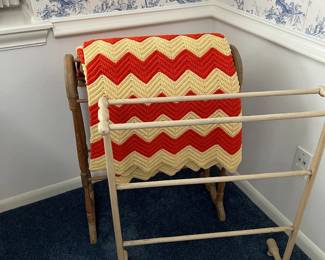 Vintage quilt/towel rack and hand made afghan. 