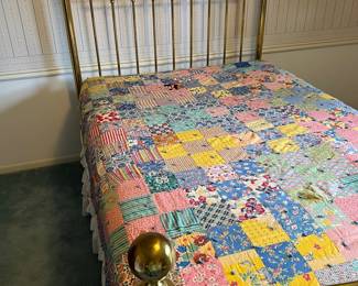 Vintage Double Brass Bed with bowed footboard and blanket rail double horizontals.  Very traditional and popular for its time.