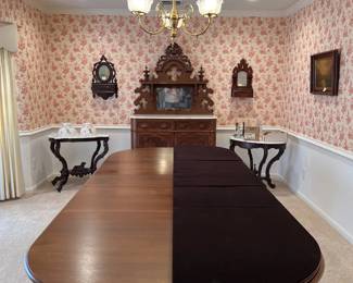 Walnut Victorian Dining Table.  9'2" x 48" x 30" high including three 15.5" leaves.  (approx. 63" lenght w/o leaves).  Fantastic heavily carved legs, original casters, original crank for expanding table, full custom table pad included.  c 1870-1880 .  professionally refinished.