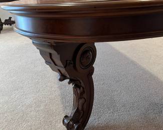 Walnut Victorian Dining Table.  9'2" x 48" x 30" high including three 15.5" leaves.  (approx. 63" lenght w/o leaves).  Fantastic heavily carved legs, original casters, original crank for expanding table, full custom table pad included.  c 1870-1880 .  professionally refinished.