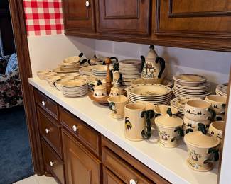 LARGE collection of Metlox Poppytrail "Rooster" and "Homestead" dinnerware. Most in unused or near unused condition.  1950's to 1982.  