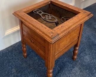 Early vintage (c 1900-1920) shoeshine stool with drawer and hinged top.  Needs re-upholster cushion on the hinged top. 