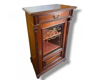 138 AntiqueGlassFrontCabinetwGoldEmbossedDetailDrawer