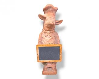 27 LargeTerracottaCementPigChefGardenFigurewChalkboardSign