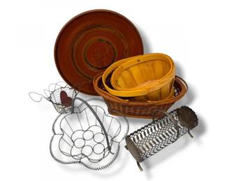 129 VintageFarmhouseBasketsWireEggBasketswSignedPotteryPlate