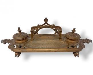 11 AntiqueGothicStyleDualInkwellDeskTray