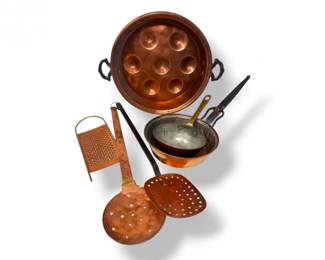 64 MixedVintageCopperEggPoacherPanLadlesKitchenTools