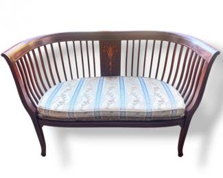 19 AntiqueWoodSetteeBenchwSlatBackInlayDesignUpholstered