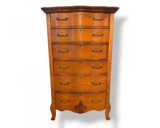 143 PetiteAntiqueWoodChestofDrawerswCurvedFrontsOrnateHandles