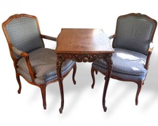 30 AntiqueCarvedSideTablew2AntiqueFrenchLouisStyleArmchairs