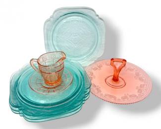 35 PinkTealDepressionGlassServingSetwPlatesMiniPitcher
