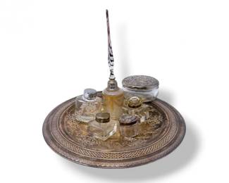 17 VintageVanityTraywGlassDipPenInkwellsOnewSterlingLid