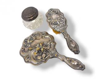 4 AntiqueArtNouveauStyleMirrorBrushSetwGlassJar