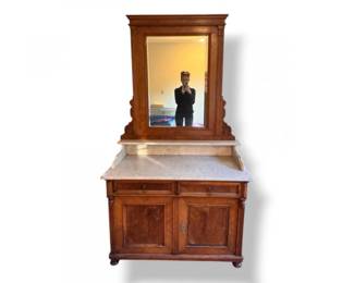 149 CarvedWoodDresserw2DrawersMirrorStoneTop