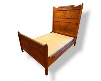 142 AntiqueOrnateCarvedWoodHeadboardFootboardwSunburstDesign