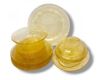 115 YellowPressedGlassServingSetPlatesBowlsCoveredDish