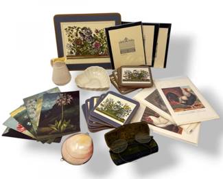 130 VintageEphemeraSignedPrintsBelleekAntiqueGlassesMore