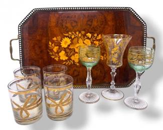 60 ItalianInlaidWoodTraywGeorgesBriardVintageGoldGlassware