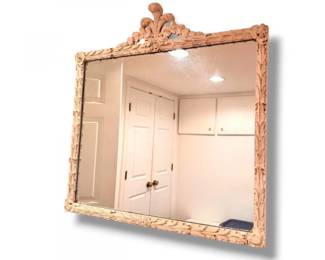 137 LargeAntiqueWhiteCarvedWoodWallMirror