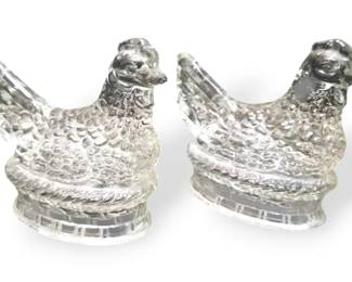 2 Vintage J.H. Millstein Co. Glass Chicken On Nest Candy Containers