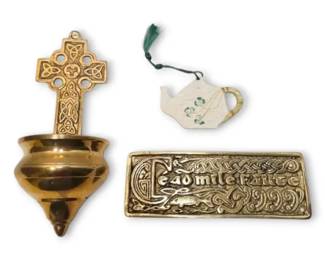 Brass Celtic Cross With Font, Brass Door Plaque  Belleek Teapot Ornament