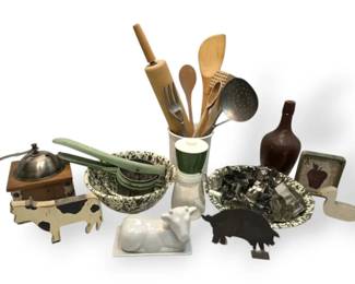 Vintage Kitchen Accesories  Green Splatter Enamelware Bowls, Coffee Grinder, Cookie Cutters  More