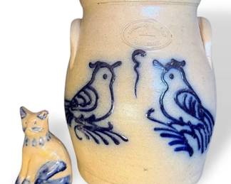 Beaumont Pottery 1982 Stoneware Crock with Cobalt Birds Salt Glazed Cat Figurine