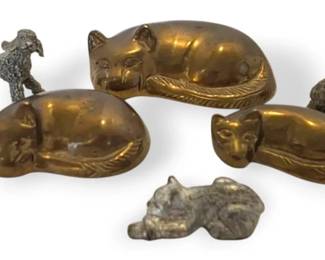 3 Brass Cats Pewter Dog Cat Figurines