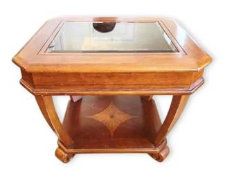 Inlaid Wood End Table With Beveled Glass Top