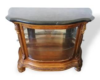 Marble Top Curved Wooden Curio Cabinet with Lighting Glass Shelves